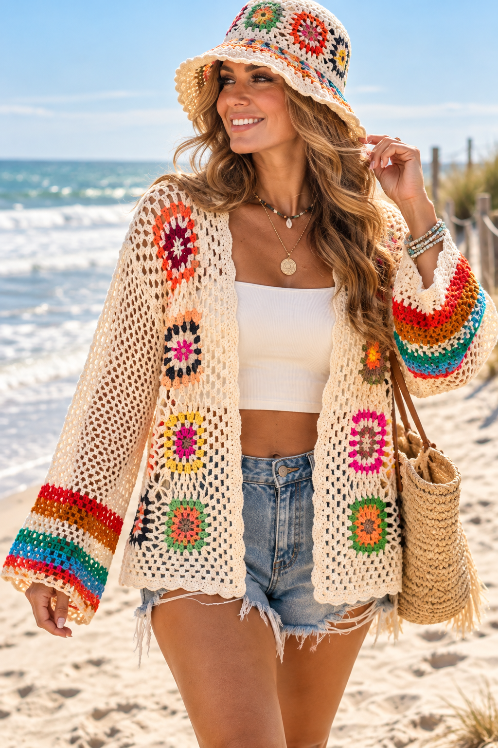Rainbow Crochet Cardigan in various Base colors