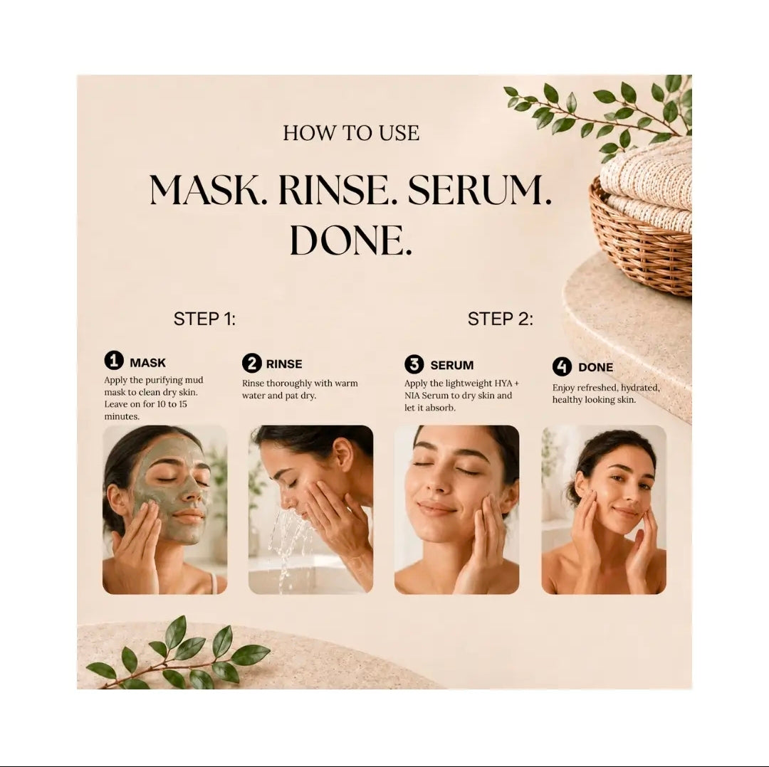 Kbeauty Inspired Clay Mask + Serum: Bentonite & Kaolin + Hyularonic Acid & Niacinomide