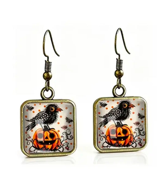 Handmade Halloween Crow Puffy Glass Earrings