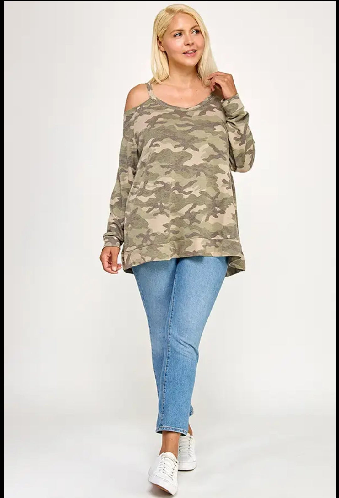 Feminine Cold Shoulder Long-Sleeve Camo Print Shirt