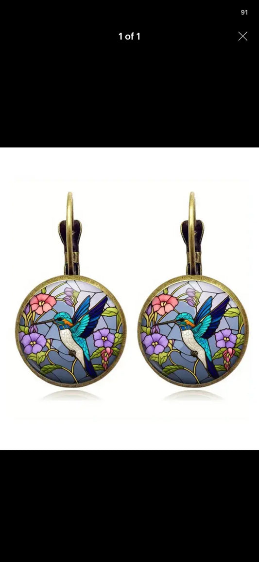 Handmade Vintage Glass Dome Hummingbird Earrings