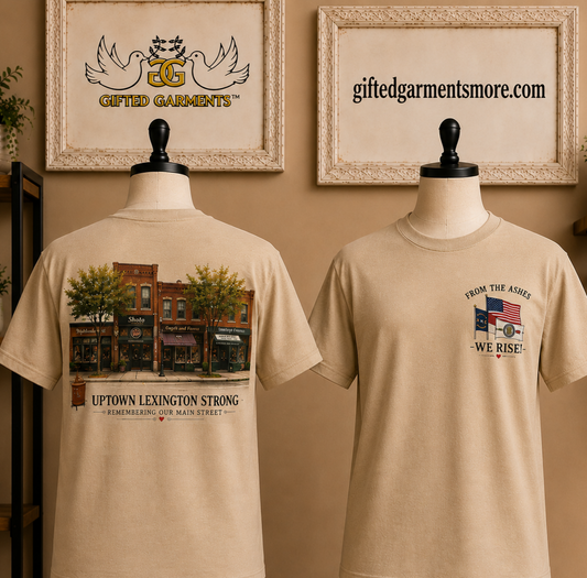 Uptown Lexington Fire Fundraiser T. Front & Back Design in Sand