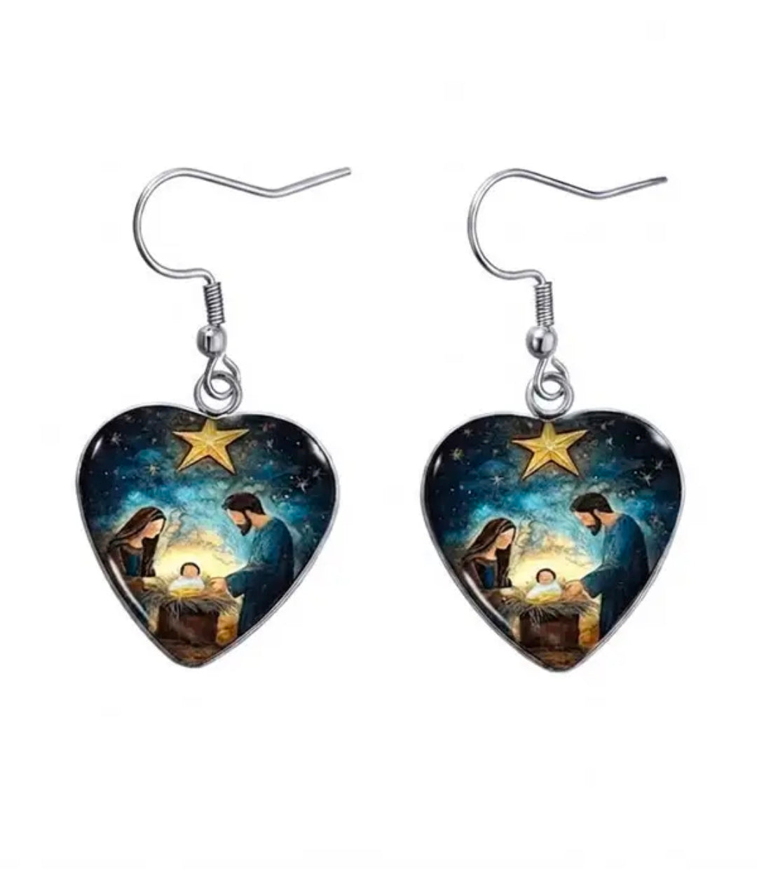 Handmade Nativity Heart Epuffy Glass Earrings